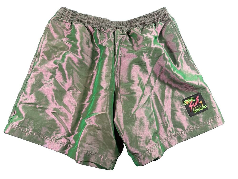 Surf Style Iridescent Interplanetary Shorts Green Pink Swim Trunks Size Large